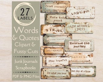 Industrial Grunge Words & Quotes Labels Fussy Cuts for Junk Journals. Digital paper ephemera of nameplate clipart with inspiring happy words