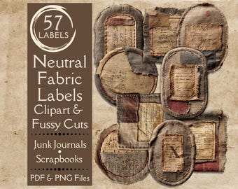 Neutral Fabric Labels Fussy Cuts for Junk Journals. Digital paper of vintage grunge label clipart. For the vintage textile tag crafters.