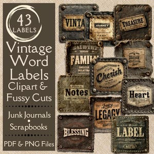 Vintage Grunge Junk Journal-etiketter. Digitalt papper med väderbitna fyrkantiga ordetiketter för scrapbooking. Pedantiska snittetiketter för retrohantverkare.