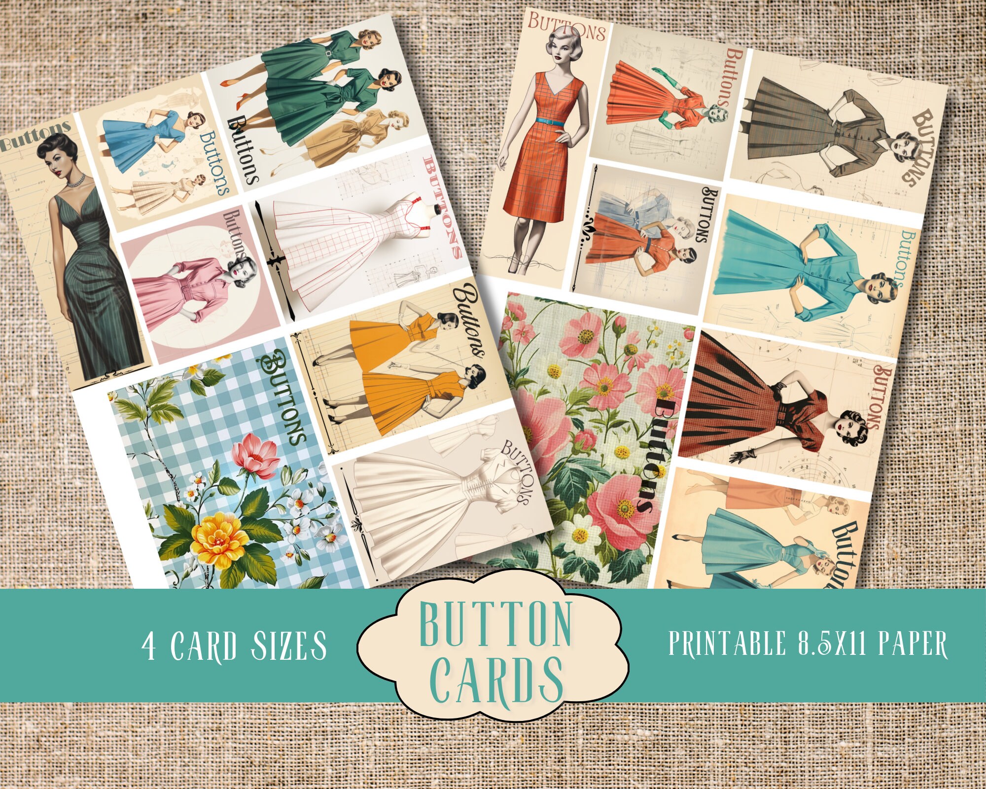 Mid Century Button Cards Junk Journal Ephemera. Digital Paper of ...