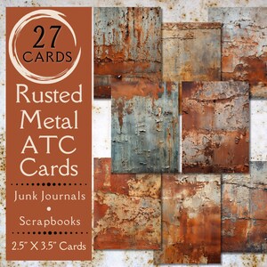 May include: 27 rusted metal ATC cards, 2.5 inches by 3.5 inches, perfect for junk journals and scrapbooks. The cards feature a variety of rusty metal textures in shades of brown, orange, and blue.