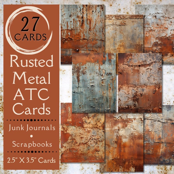 Rusted Steampunk Metal ATC Cards Junk Journal Paper. Digital paper of patina aged metal and distresse grunge metal. For ACEO card collectors