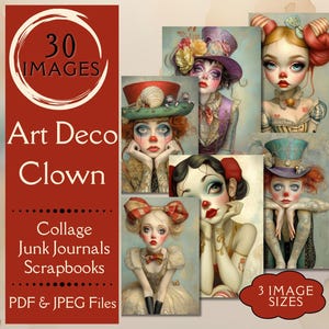 Art Deco Clown Junk Journal Paper. Digital paper of whimsical circus clown portrait for collage art. For quirky glamorous scrapbook crafters
