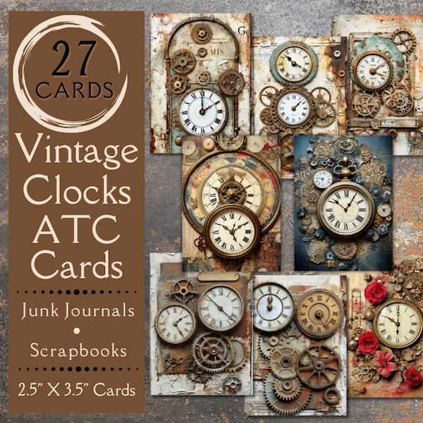 Steampunk Clock ATC Cards Junk Journal Paper. Digital paper of vintage watch journal cards. For ACEO collectors and antique clock crafters.