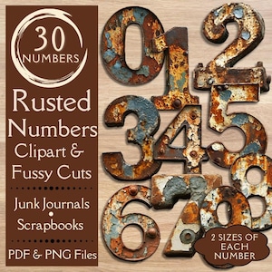 Vintage Grunge Rusted Numbers Junk Journal Labels. Digital paper of primitive rustic number fussy cuts for scrapbooks. Metal label clipart
