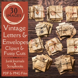 Paquete de cartas y sobres antiguos, imágenes prediseñadas para revistas basura. Papel digital con recortes elegantes de cartas y sobres antiguos. Imágenes prediseñadas de efímeras.