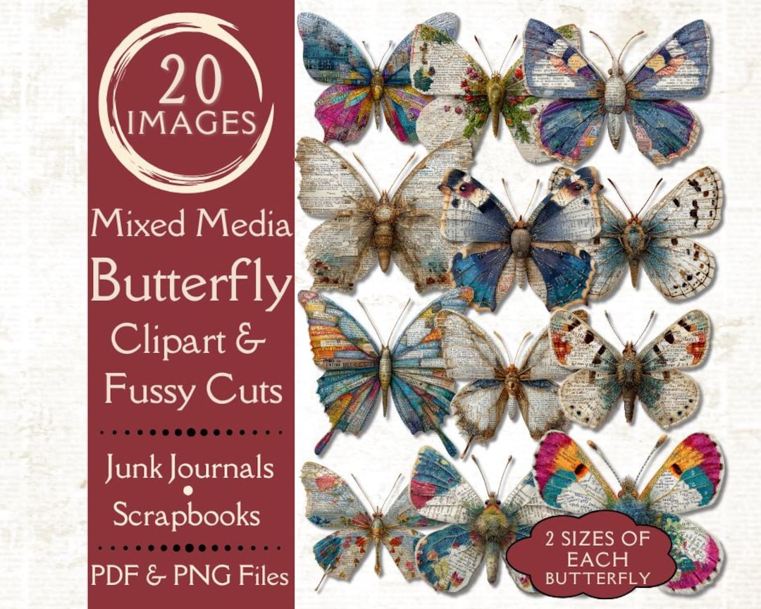 Mixed Media Butterfly Fussy Cuts for Junk Journals. Digital Paper of ...