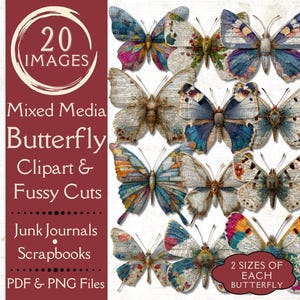 Recortes de mariposas con técnica mixta para revistas basura. Papel digital de mariposas vintage para collage. Polilla descuidada imprimible.
