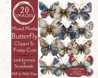 Recortes de mariposas con técnica mixta para revistas basura. Papel digital de mariposas vintage para collage. Polilla descuidada imprimible.