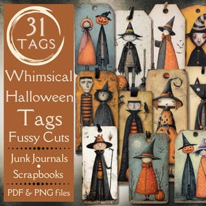 Puede incluir: Un conjunto de 31 etiquetas de Halloween caprichosas con ilustraciones de brujas, calabazas y gatos negros. Las etiquetas están diseñadas para junk journals y álbumes de recortes, con archivos PDF y PNG. Tienen un estilo vintage y artístico.