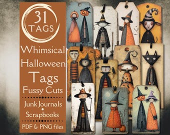 May include: A collection of 31 whimsical Halloween tags featuring illustrations of witches, pumpkins, and black cats. The tags are designed for junk journals and scrapbooks, with PDF and PNG file options. The tags have a vintage, artistic style.