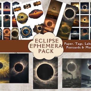 Puede incluir: Un paquete de papel digital con imágenes de un eclipse solar. El paquete incluye papel, etiquetas, etiquetas, postales y más. El texto "ECLIPSE EPHEMERA PACK" está en una forma de nube blanca sobre un fondo marrón. El texto "Paper, Tags, Labels, Postcards & More" está debajo de la forma de nube.