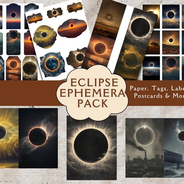 Solar Eclipse Ephemera Pack for Junk Journals. Digital paper of total solar eclipse. Scrapbook astrology tags, labels, postcards, ATC cards.