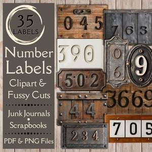 Modern Number Junk Journal Labels. Digital paper of modern label fussy cuts for scrapbooks. Wood & metal label clipart for rustic crafters