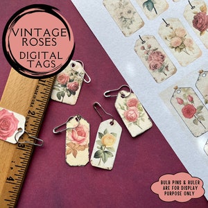 Etiquetas vintage de rosas para diarios basura. Papel digital con etiquetas florales para diarios basura y álbumes de recortes. Para artesanos amantes de la naturaleza.