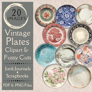 Vintage Plates Fussy Cuts para Junk Journals. Papel digital de clipart de pratos e travessas antigas. Para o scrapbook de louças vintage.