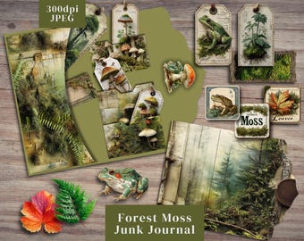 Forest Junk Journal Kit. Digital paper of vintage journal with moss, mushrooms, fern, & frogs. Includes tags, labels, pockets and folios.