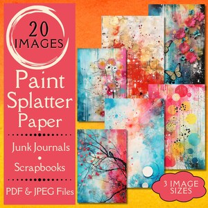 Puede incluir: Un collage de 20 diseños de papel digital con salpicaduras abstractas de pintura acuarela en varios colores, incluyendo rosa, azul, amarillo y rojo. El texto "20 IMAGES" y "Paint Splatter Paper" es visible en la imagen. El texto "Junk Journals Scrapbooks PDF & JPEG Files" también es visible. El texto "3 IMAGE SIZES" es visible en la esquina inferior derecha de la imagen.