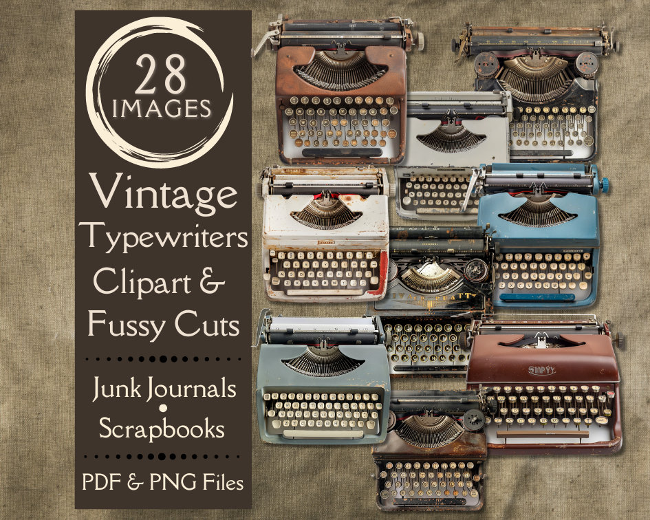 Vintage Typewriters Junk Journal Clipart. Digital paper of antique typewriter fussy cuts for junk journals. Old typewriter ephemera.