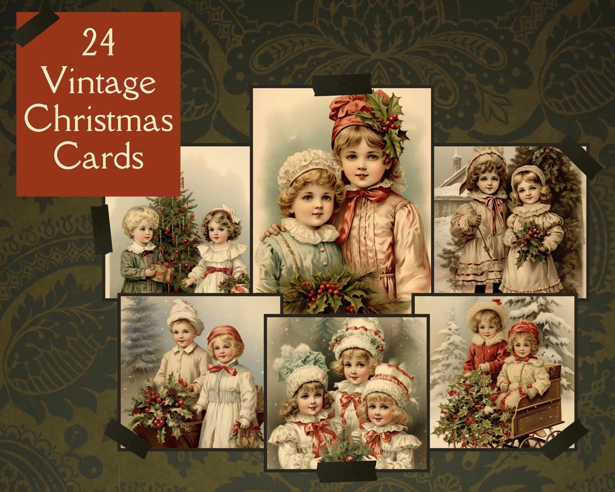 Vintage Victoriaans kerstafvaldagboekpapier. Digitale kerstverschijnselen uit de 19e eeuw voor plakboeken. Voor de knutselaar die dol is op kerstkaarten.