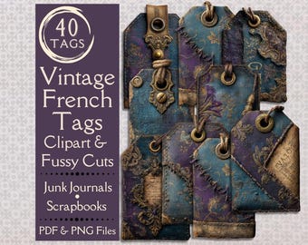 Vintage French Junk Journal tags. Digital paper of romantic purple & royal blue tags for scrapbooks. Fussy cut tags of damask fabric labels