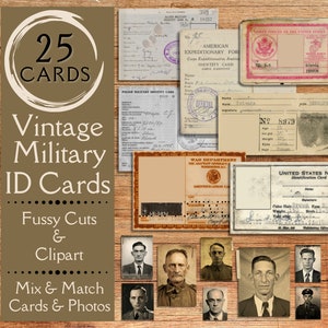 Carte d'identità militari Junk Journal Ephemera. Carta digitale di carte d'identità militari d'epoca, tagli elaborati per diari spazzatura. Clipart di ephemera militari.