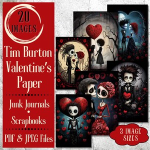 Tarjetas góticas de San Valentín al estilo de Tim Burton. Papel de diario basura. Papel digital de San Valentín gótico. Papel de San Valentín caprichoso para manualidades de Burton.