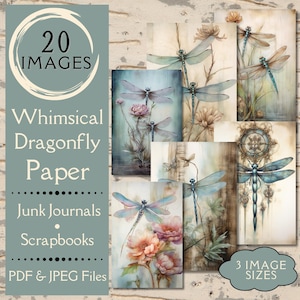Whimsical Dragonfly Junk Journal Paper. Digital paper of whimsical boho dragonflies for junk journals and scrapbooks. For whimsical crafters