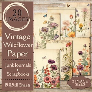 Vintage Aquarell Wildblumen Junk Journal Papier. Digitales Papier mit Vintage Blumen fürs Scrapbook. Für Vintage Bastler die Pflanzen lieben.