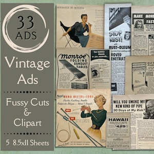 Vintage Ads Digital Paper para jornais de lixo. Efêmera de anúncios autênticos dos anos 1950 para álbuns de recortes. Efêmera, cortes e clipart exigentes.