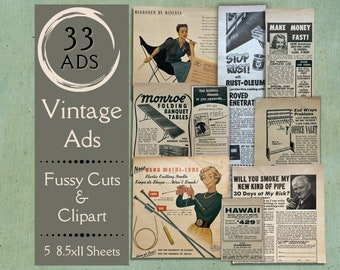 Carta digitale per annunci vintage per diari spazzatura. Oggetti effimeri di autentiche pubblicità degli anni '50 per album di ritagli. Tagli e clipart effimeri pignoli.