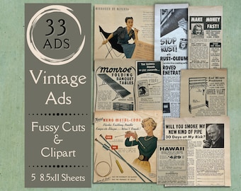 Vintage Ads Digital Paper for junk journals. Ephemera of authentic 1950s advertisements for scrapbooks. Ephemera fussy cuts and clipart.