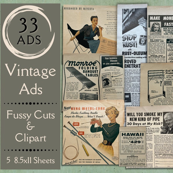 Vintage Ads Digital Paper for junk journals. Ephemera of authentic 1950s advertisements for scrapbooks. Ephemera fussy cuts and clipart.
