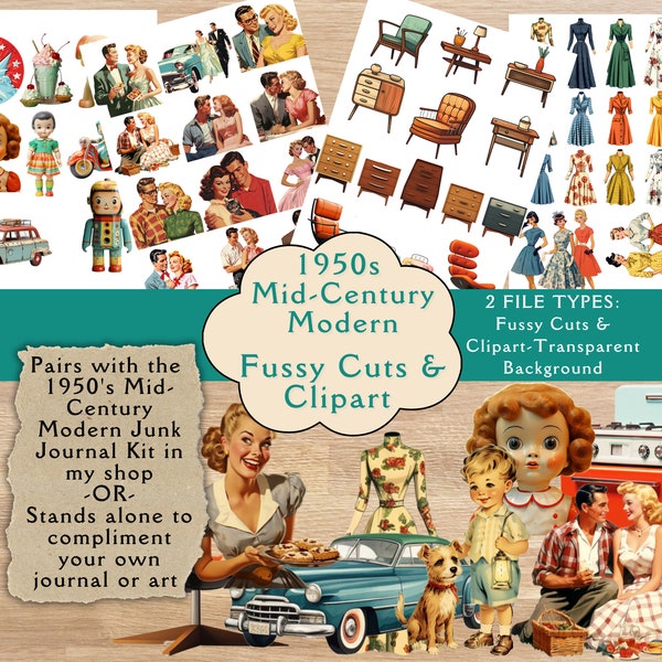 1950s Mid-Century Fussy Cuts for Junk Journals. Digital paper of vintage 1950s cars, people, and mid-century furniture. Mid-century clipart.