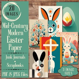 Papel de diário de Páscoa moderno de meados do século. Papel digital de cartões de Páscoa vintage e retrô dos anos 1950 para diários de lixo. Para artesãos de meados do século