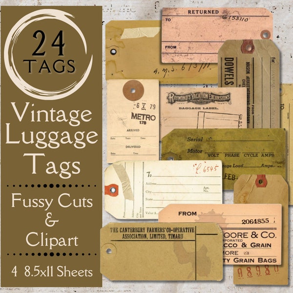Vintage Luggage Tags Junk Journal Ephemera. Digital paper of weathered luggage tags fussy cuts and clipart for junk journals and scrapbooks.