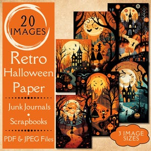 Retro Halloween-papier voor ongewenste tijdschriften. Vintage digitaal papier uit de jaren 70 voor plakboeken. Vintage Halloween-scrapbookpapier voor retro-knutselaars.