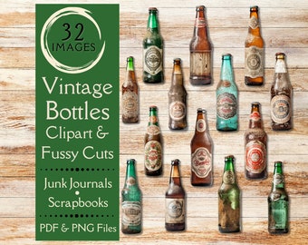 Vintage Beer Bottle Clipart for Junk Journals. Digital paper of grunge bottle fussy cuts. Old antique bottles for the primitive crafter.