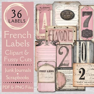 French Pink & Gray Junk Journal tags. Digital paper of vintage, romantic Parisian tags for junk journals. Antique tag fussy cuts and clipart