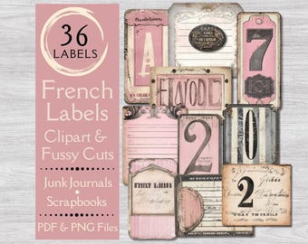 May include: A set of 36 printable French-style labels with pink and white backgrounds. The labels feature numbers, words, and decorative elements. The labels are perfect for adding a vintage touch to your craft projects.