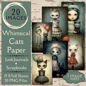 Carta da giornale Whimsical Cat Junk. Carta digitale di gatti di campagna e dei loro padroni nello stile rustico di campagna acquerellato.