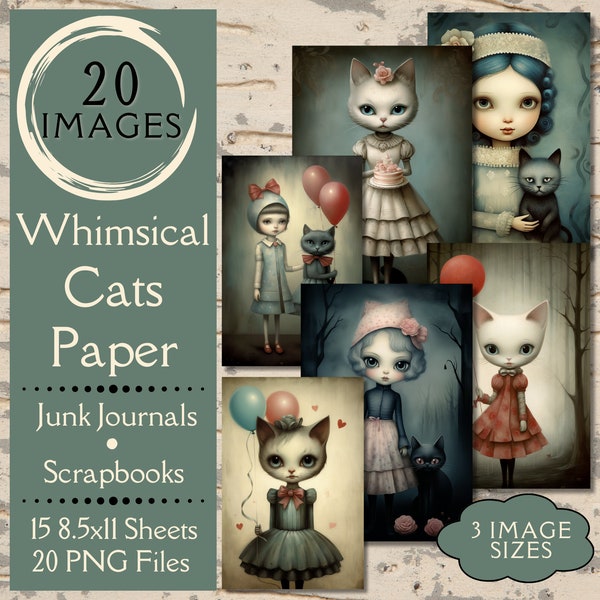 Whimsical Cat Junk Journal Paper. Digital paper of country cats and their owners in the style of Nicoletta Ceccoli. For fantasy crafters.