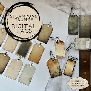 May include: A set of 12 digital tags with a steampunk grunge aesthetic. The tags are rectangular and have a distressed, aged look with brown and white tones. The text "STEAMPUNK GRUNGE DIGITAL TAGS" is written in black on a white background.