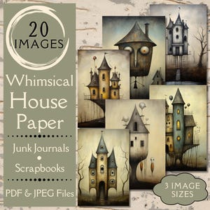 Skurriles Haus Scrapbook Papier. Digitales Papier der schrulligen Cottage im einzigartigen Stil von Bill Carman. Für außergewöhnliche Junk Journal Basteleien.