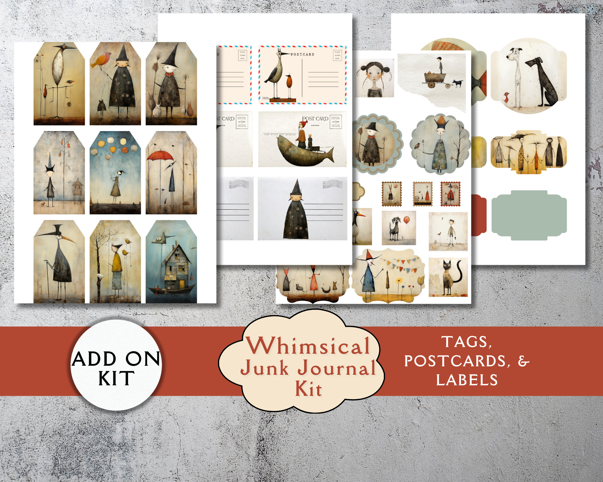 Whimsical ADD ON Junk Journal Kit. Whimsical Primitive Digital Paper ...