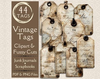 Vintage Junk Journal tags. Digital paper of neutral vintage grunge tags with script handwriting. Fussy cut tags for antique crafters.