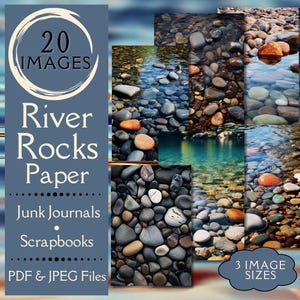 Papel para diario basura River Rock. Papel digital de rocas lisas y agua de río para diarios basura. Para artesanos amantes de la naturaleza.