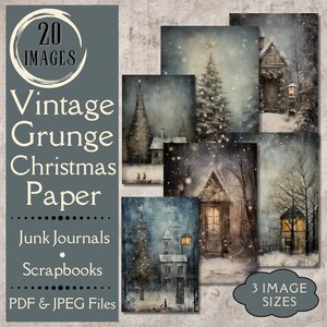Vintage Grunge Weihnachten Junk Journal Papier. Digitales Papier mit Weihnachtsbäumen und -szenen für die Weihnachtsbastlerin, die den Vintage-Grunge lieben.