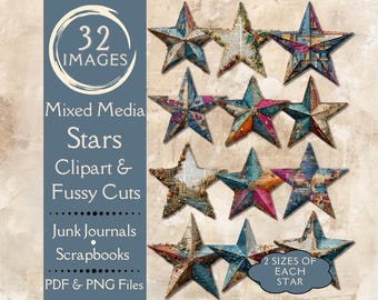 Mixed Media Star Fussy Cuts for Junk Journals. Digital paper of vintage star clipart for collage art. Printable whimsical stars. PDF & PNG.
