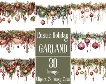 Guirnalda navideña rústica en acuarela, recortada con precisión. Imágenes prediseñadas para banderines o guirnaldas navideñas, ideales para álbumes de recortes y diarios de recortes. Para los amantes de las manualidades navideñas.